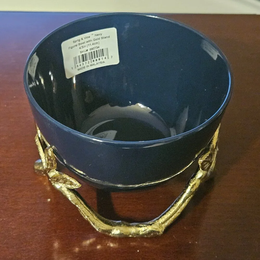 RARE NIB LENOX BUTTERFLY FLOWER SPRIG & VINE NAVY BLUE GOLD FIGURAL BOWL & STAND